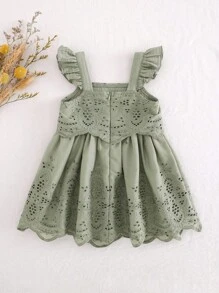 Cozy Pixies Baby Girl Ruffled Strap Waist Dress Sage Green Baby Dress Green Baby Girl Dress Olive Green Baby Dress Baby Girl Eyelet Dress Baby Girl Lace Dress - Green - View 2