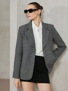 Aveloria Modichic Blazer casual de negocios con solapa de pata de gallo y bloques de color para mujer - Gris Oscuro - Ver 1