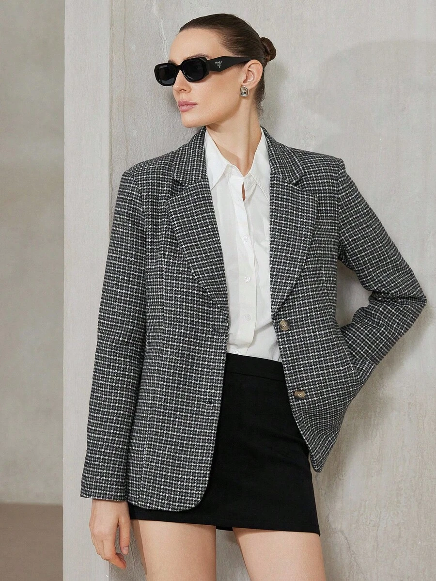 Aveloria Modichic Blazer casual de negocios con solapa de pata de gallo y bloques de color para mujer - Gris Oscuro - Ver 1