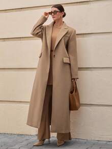 CLARA VERO Áo khoác len cổ ve dài tay cổ điển dài thêm túi màu trơn cho nữ, Áo khoác, Áo khoác, Quần áo mùa đông, Áo khoác - Lạc đà - Xem 4