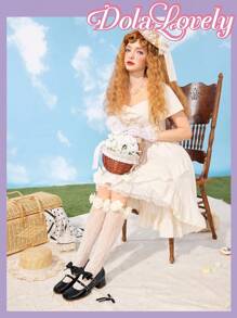 Dola Lovely Women's Bowknot Round Toe Mary Jane Shoes, Shallow Buckle Thick Heel High Heels, Fashionable Versatile White Shoes