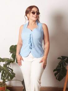 Lupita Cardoza Women's Solid Color Chinese Collar Cinched Waist Front Tie Detail Tank Top - Blue - View 1