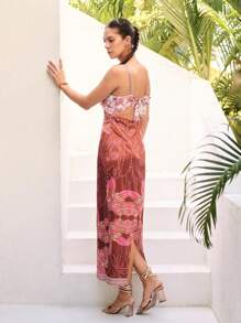 Sunsella Robe longue à imprimé, bretelles, avec nœud et découpe, ajustée, pour l'été, tenue de vacances et de sortie pour femmes