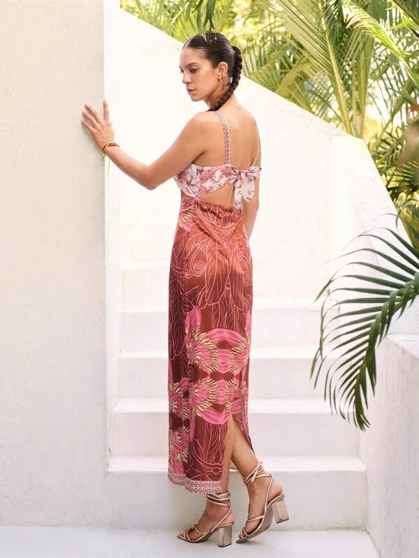 Sunsella Vestido maxi ajustado con tirantes estampados, lazo y recorte para verano, vacaciones y salidas para mujeres