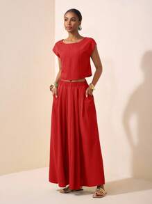 Zivah 2025 New Summer Leisure Vacation Elegant Daily Dating Beach Wear Birthday Party Round Neck Raglan Sleeves Short Sleeves Cut T-Shirt + Pleated Skirt Long Skirt Green Wave Stripe Woven Ladies Two Pieces Suit Red Crop Top And Skirt Set Red Summer Outfit Women