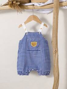 1 pieza Enterizo adorable a cuadros para bebé niño, color blanco con babero ajustable, botones a presión, bolsillo delantero - Azul - Ver 1