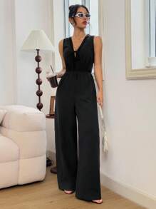 INAWLY Mono informal de verano de algodón con encaje en patchwork - Negro - Ver 4