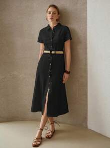 MOTF PREMIUM 女式亚麻领短袖衬衫裙（配腰带）