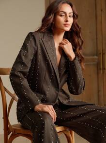 Anewsta Bộ quần và áo khoác blazer đơn hàng khuy pha lê thanh lịch dành cho nữ - màu nâu - Xem 6