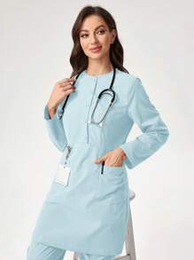 TaskEZ Solid Color Round Neck Long Sleeve Pocket Top And Pants Scrub Uniform Set - Blue - View 3