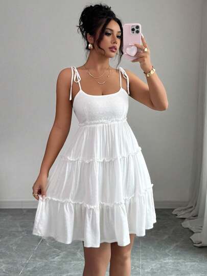 Swiss Dot Frill Trim Cami Dress Vacation Beach Outfits Women