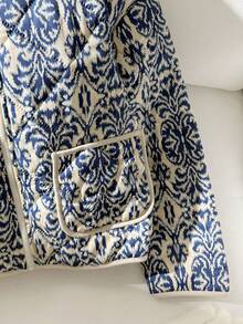 SHEIN 青少年女孩休闲度假花卉植物印花口袋圆领前开长袖夹棉夹克外套 - 藍色 - 查看 3