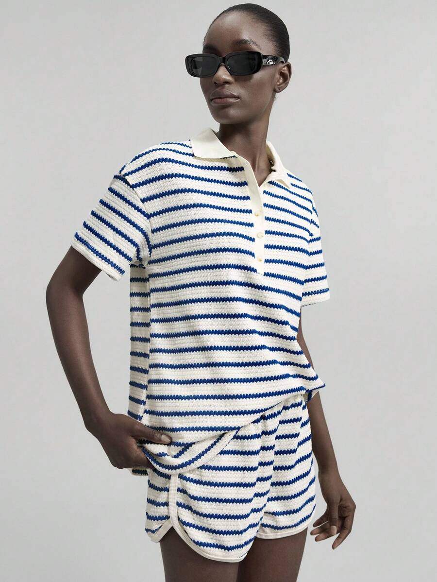 Ontre 2026春夏女士撞色条纹Polo领短袖上衣和短裤套装，带口袋，适合休闲商务、度假、海滩、生日派对、教师制服等场合，两件套 - 藍色 - 查看 1