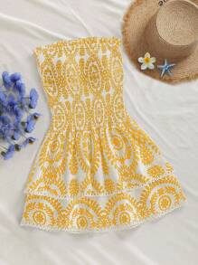 SHEIN Unity Navy Blue Strapless Open Shoulder Design Smocked Waist Slim-Fit Hollow Embroidery Ruffle Trim Patchwork Bohemian Style Casual A-Line Mini Dress - Multicolor - View 1