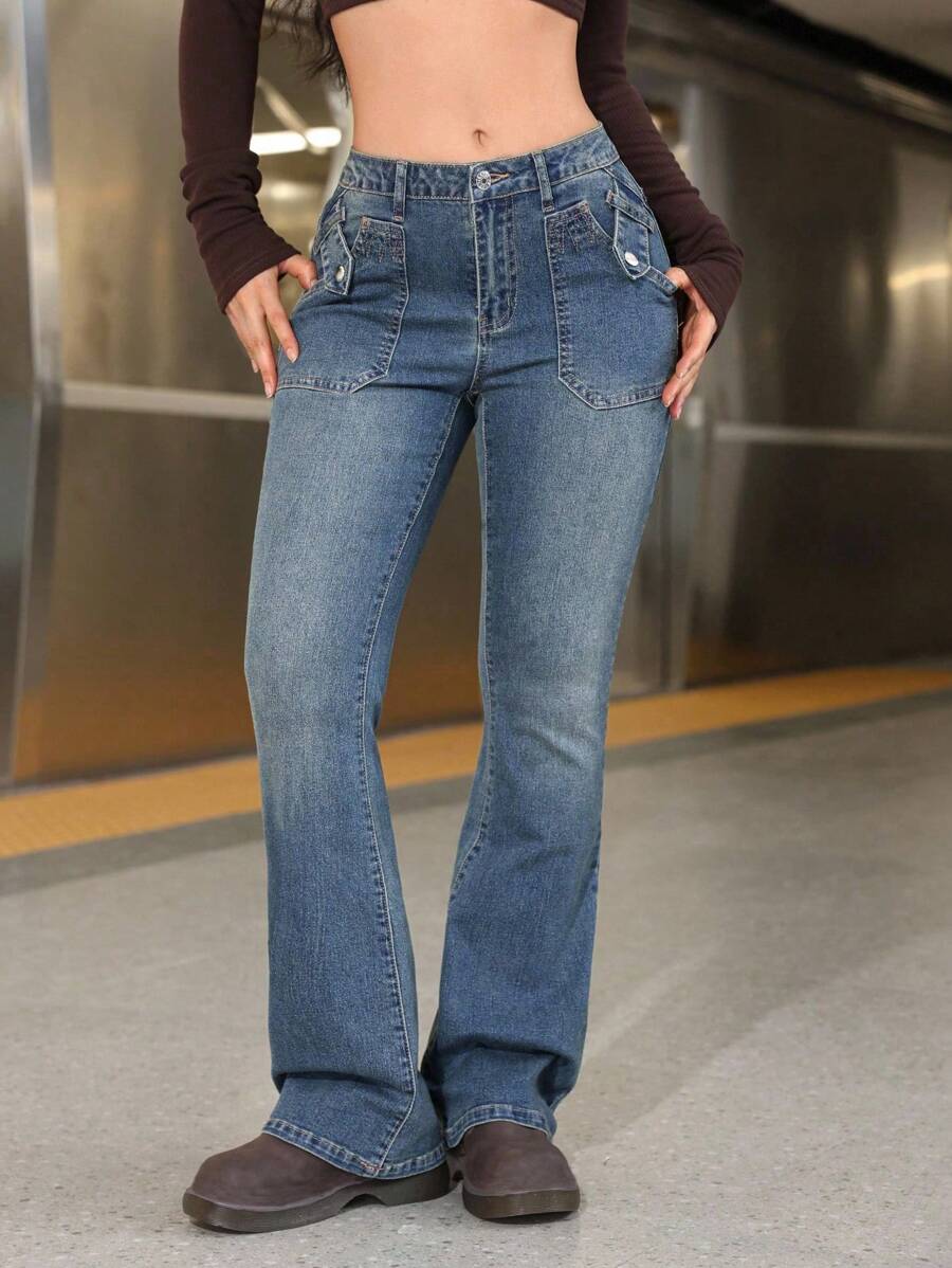 SHEIN EZwear 女士春秋时尚休闲洗水斜口袋喇叭腿牛仔裤 - 中等水洗藍 - 查看 1