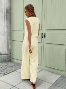 SHEIN Frenchy Bộ đồ thường ngày 2 món áo vest và quần kẻ sọc một hàng khuy mùa hè dành cho nữ - Màu vàng - Xem 2