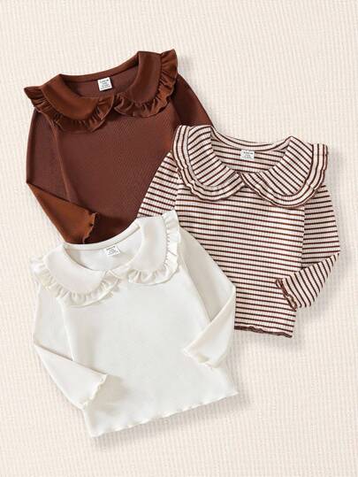 SHEIN Conjunto de 3 piezas de camiseta de manga larga con cuello de volantes a rayas para niñas bebé, adecuada para el hogar, el aire libre y las vacaciones, para las 4 estaciones
