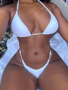 Alexandranx Women's Solid Color Metal Pendant Necklace & Sexy Thong Bikini Set, Summer - White - View 3