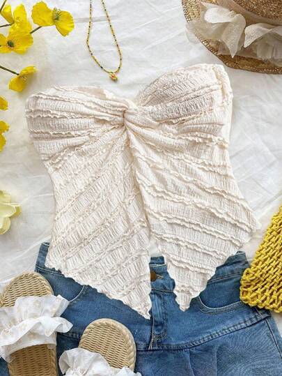 SHEIN Unity Plus Size Women Solid Color Frill Trim Twist Front Tube Top, Fashionable Vacation Wear