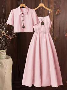 Ellevyn 女士新款时尚优雅两件套，舒适亚麻质感短袖衬衫和吊带背心连衣裙，夏季休闲装