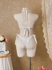 SHEIN Swim مجموعة ملابس سباحة بيكيني نسائية صيفية للشاطئ من قطعتين بتصميم دانتيل زهري وربطة رقبة مثيرة مع تنورة تغطية - لون مشمشي - مشاهدة 3