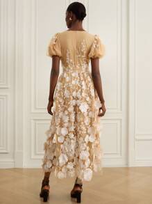 Aveloria Rosie 优雅刺绣网眼泡泡袖V领长裙，花卉刺绣，奢华春夏新款女士连衣裙 - 彩色 - 查看 2