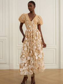 Aveloria Rosie 优雅刺绣网眼泡泡袖V领长裙，花卉刺绣，奢华春夏新款女士连衣裙 - 彩色 - 查看 4