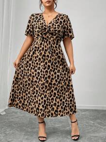 Firerie Plus Size Vintage Leopard Print Short Sleeve Kink Cinched Waist Dress Spring To Summer - Coffee Brown - View 3
