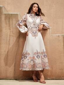 Anewsta 女士优雅长袖花卉印花连衣裙，秋冬季派对礼服 - 杏色 - 查看 4