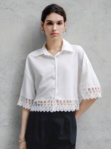 Chiquease Women's White Ruffled Collar Decor Short Sleeve Blouse - White - View 6