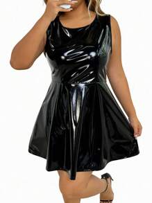 SHEIN EMERY ROSE CURVE Plus Size Black PU Shiny Leather Zip Up V-Neck Sleeveless A-Line Dress - Black - View 7