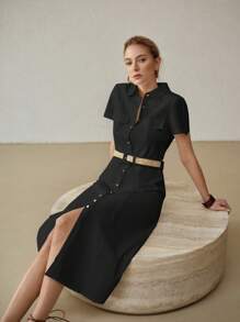 MOTF PREMIUM 女式亚麻领短袖衬衫裙（配腰带）