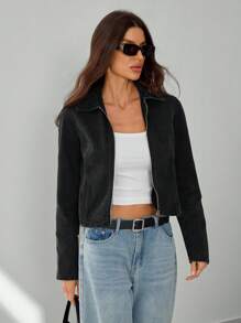 SHEIN Tall Washed Distressed Denim Jacket Cool Street Style Casual In Fall/Winter - Black - View 1