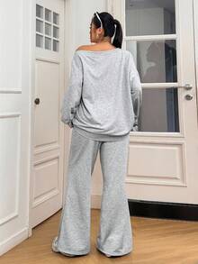 Solflare Bộ đồ ngủ hai mảnh màu xám cỡ lớn, áo hoodie và quần nỉ, thoải mái, dễ chịu, bộ đồ hai mảnh, bộ đồ hai mảnh thoải mái, bộ đồ hai mảnh dành cho nữ, bộ đồ thường ngày thoải mái dành cho nữ - Xám - Xem 7