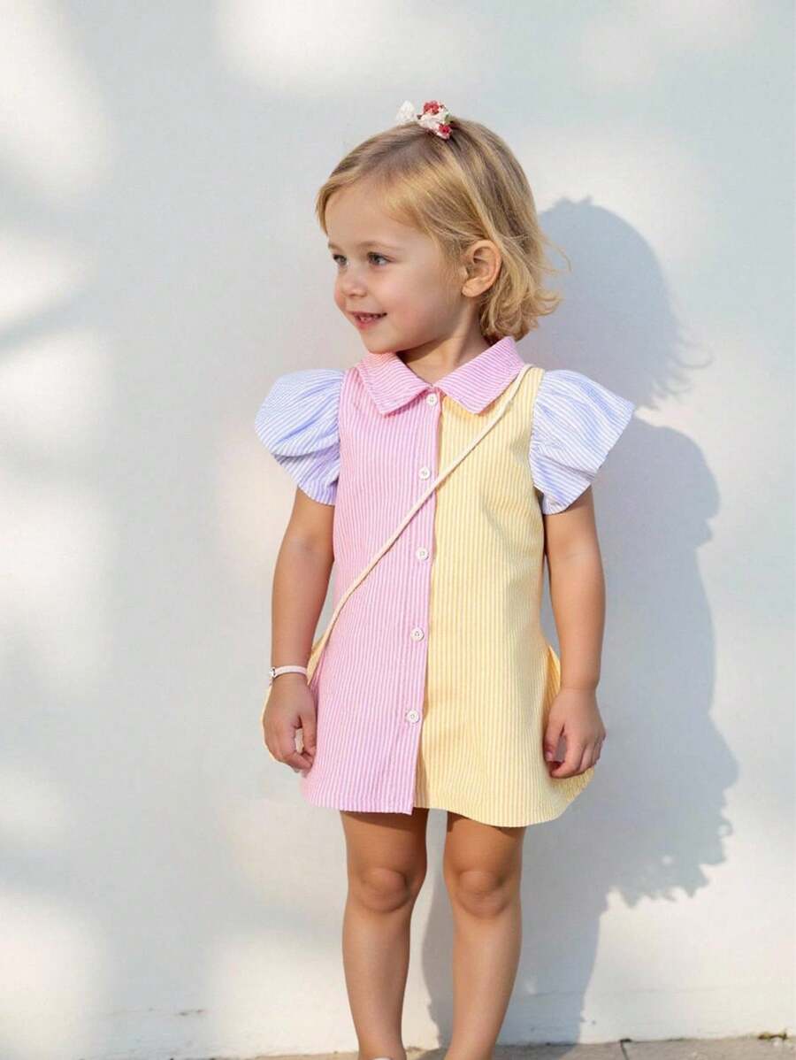 Baby Striped Print Colourblock Puff Sleeve Shirt Dress & Bag - Multicolor - View 1