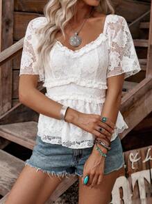 LanaWest Women's Fashionable Lace Sweetheart Neck Ruffle Trim Blouse - White - View 4