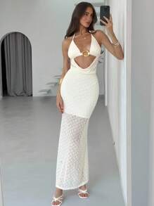 Aloruh Vestido longo feminino sexy com decote profundo e costas nuas, verão - Damasco - Ver 6