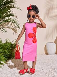 年轻女孩热带风格紫红色圆领腰部镂空 A 字连衣裙 - 玫紅色 - 查看 3