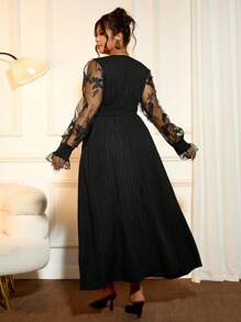 Cravure Vestido Longo Feminino Elegante de Gazar Recortado com Mangas Farol e Decote em V na Cintura - Preto - Visão 2