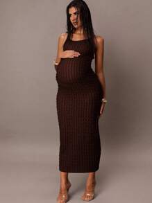 MaterniChic Textured Backless Cami Maternity Dress - Brown - View 3
