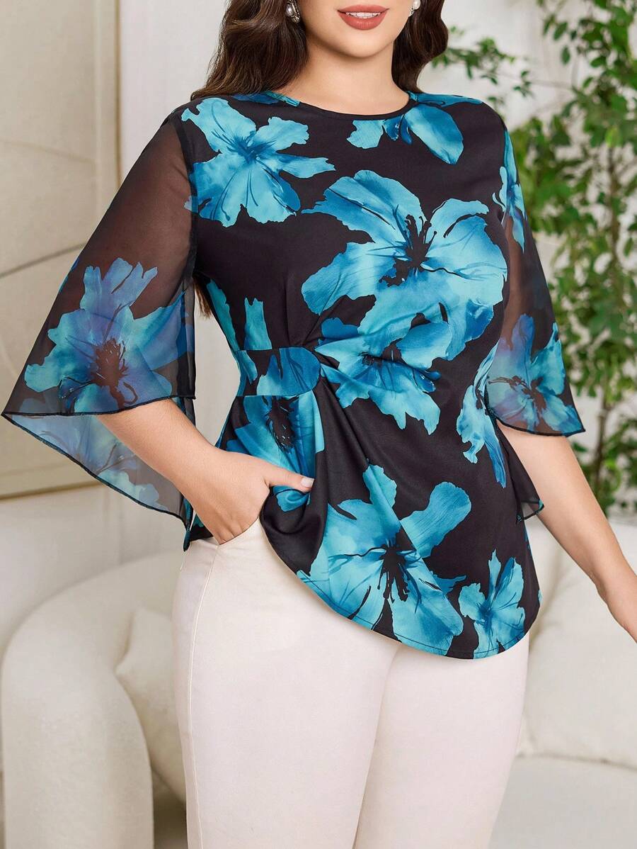 SHEIN Clasi Áo cánh cổ tròn in hoa toàn thân cỡ lớn, thường ngày, viền bất đối xứng - Màu xanh lá cây đậm - Xem 1