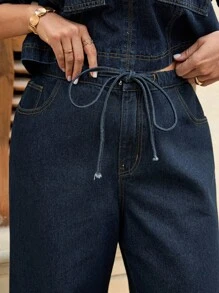 SHEIN Tall CURVE 大码夏季秋季服装秋季服装返校节可爱 2000 年代风格卡哇伊 Y2k 机场女士朴素老钱图卢姆复古机场女士纯色休闲蕾丝蓝色牛仔裤宽松牛仔裤阔腿裤女士阔腿裤妈妈牛仔裤，秋季女士服装 - 藍色 - 查看 7