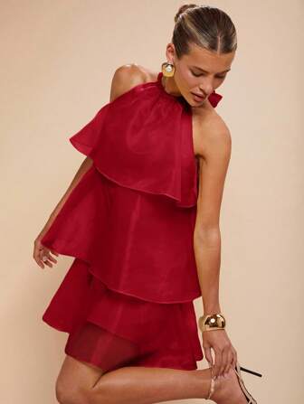 COSMINA Women's Summer Elegant Solid Color Halter Mini Dress