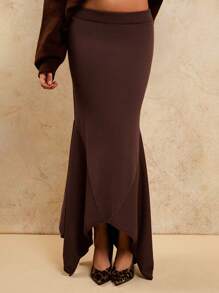 COSMINA Women Versatile Commuter Asymmetrical Knitted Hem Mermaid Skirt For Four Seasons,Old Money, Going Out Wear, Casual,Bohemian - Brown - View 1