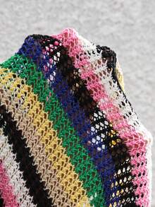 Slaydiva Novo Conjunto de Verão Moda Praia Casual Colorido Listrado Regata Vazada e Shorts com Amarração Frontal 2 Peças para Mulheres