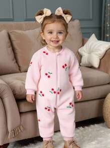 SHEIN Playful Pals Baby Girl Cute Flannel Cherry Print Jumpsuit, Autumn/Winter Cherry Baby Outfit Fall - Pink - View 1