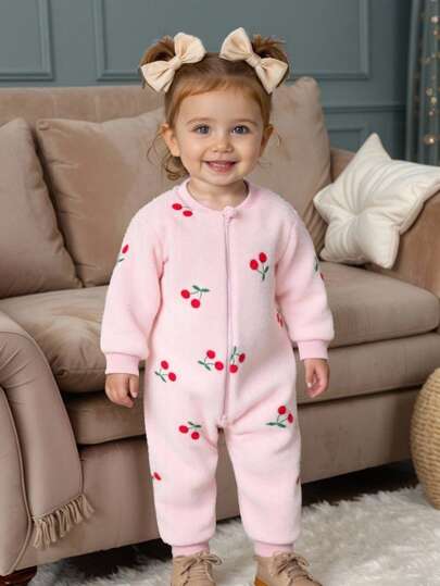 SHEIN Playful Pals Baby Girl Cute Flannel Cherry Print Jumpsuit, Autumn/Winter Cherry Baby Outfit Fall