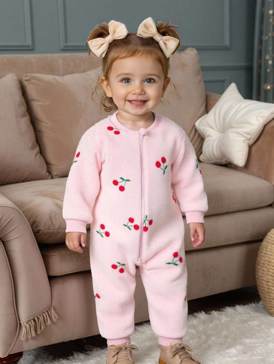 SHEIN Playful Pals Baby Girl Cute Flannel Cherry Print Jumpsuit, Autumn/Winter Cherry Baby Outfit Fall - Pink - View 1