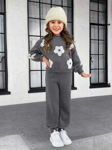 LMoss Kids 2pcs White Crochet Floral Pattern Sweater Top And Pants Knit Set For Young Girl, Warm And Comfortable Fall Clothes,Great For Casual & Daily Wear & School Daily In Autumn & Winter, For Christmas, Girls Winter Clothes,Christmas Clothes, Party Wear, Daily Wear School Daily, Birthday Clothes, Princess Clothes,Mom And Daughter & Sisters Matching,