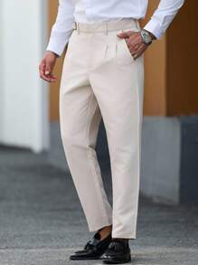 Manfinity Mode 大码男士纯色百搭休闲西装裤 - 米色 - 查看 5